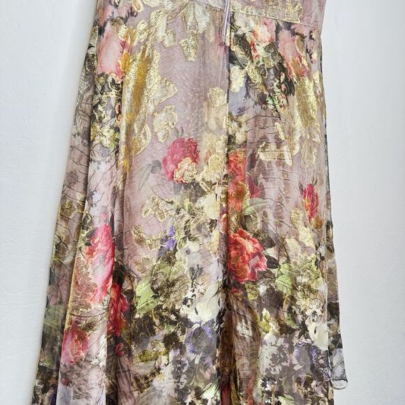 Rickie Freeman Teri Jon Gold Floral Pleated Fit and Flare Midi Cocktail Dress 8 - Picture 7 of 14